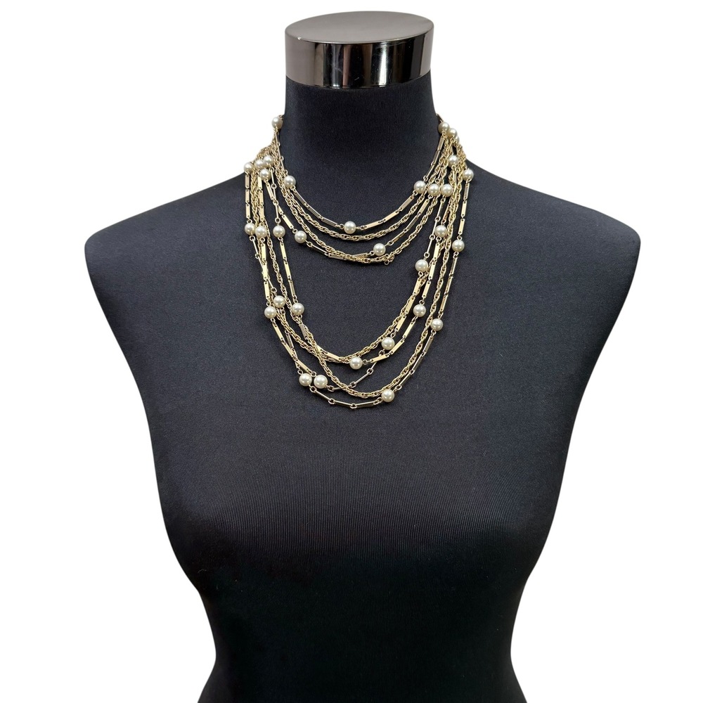 VTG Gold Tone Multi Layered Strand Statement Pearl Necklace Chain Jewelry 12 in